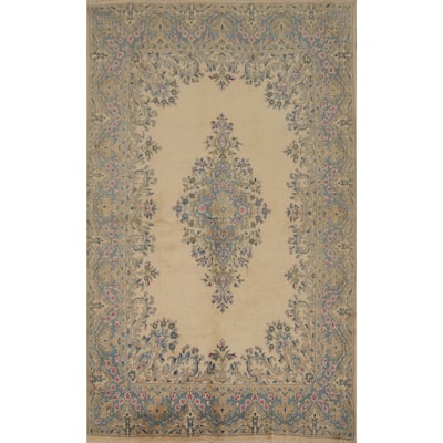 Hand Knotted Oriental 100% Wool Carpet Traditional Floral Beige & Ivories Kerman Area Rug - 8' 4'' X 5' 9''