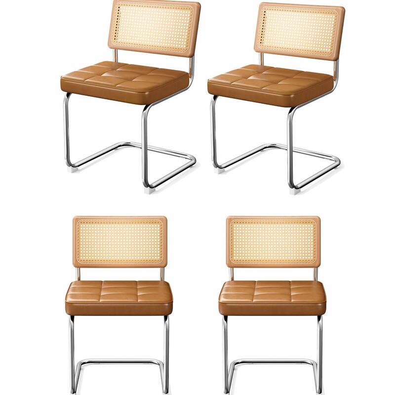Mid-Century Modern Chairs Set - Faux Leather & Rattan - Brown - Set of 4
