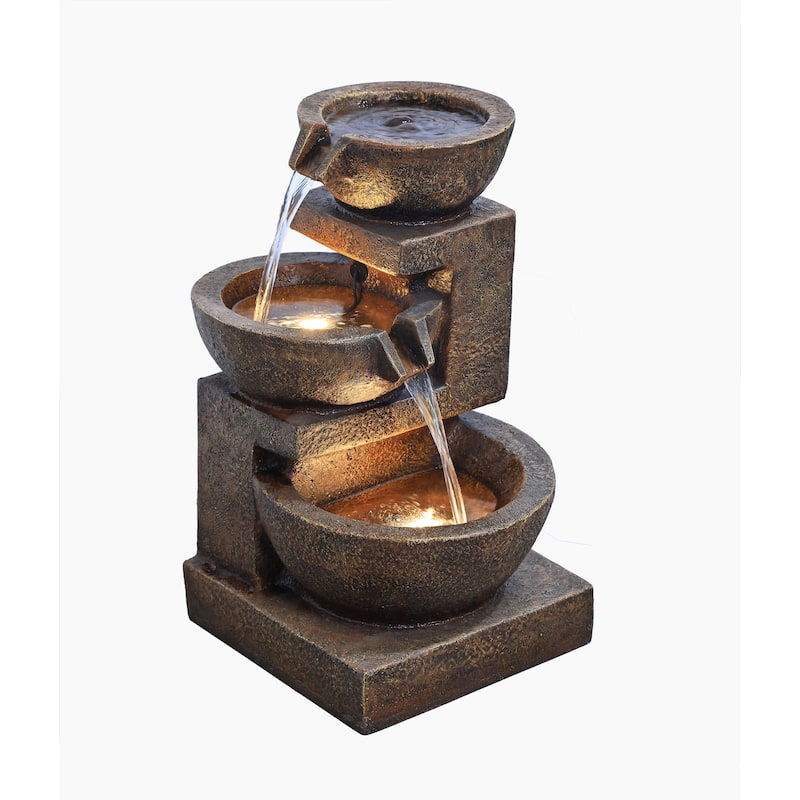 Cascading Bowl Fountain with Dual Warm White LEDs - Brown