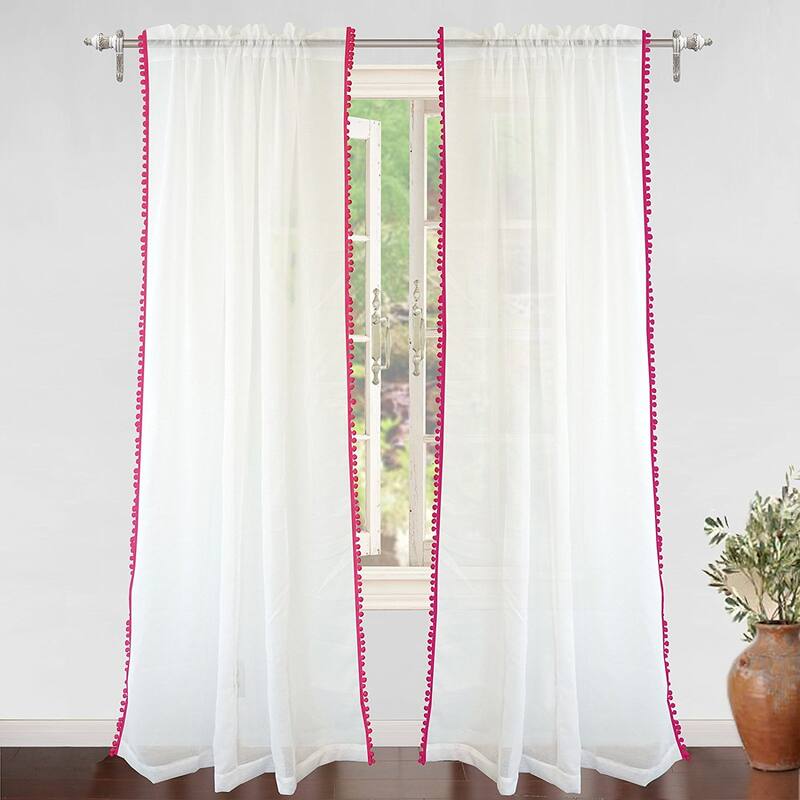 DriftAway Laura Pom Pom Sheer Window Curtain Panel Pair
