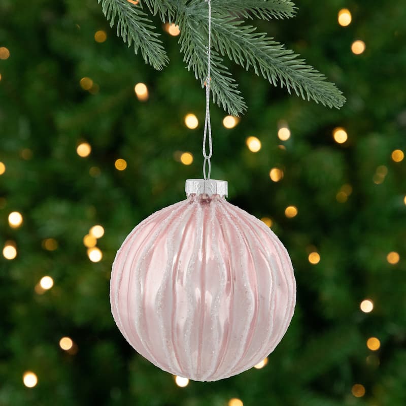 Shiny Glittered Geometric Glass Ball Christmas Ornaments - 3" (80mm) - Pink - 4ct