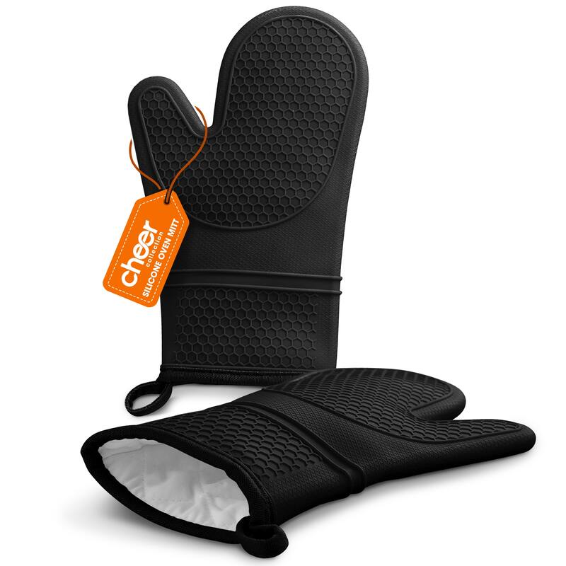Cheer Collection Silicone Oven Mitts with Soft Cotton Lining (Set of 2) - Black