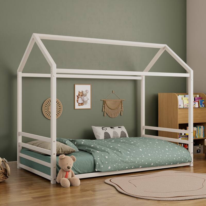 Montessori Style Metal Floor Bed Frame, House Shaped Bed for Kids and Toddlers, No Slats, House Bed