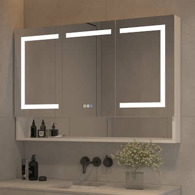 48 in. W x 32 in. H Large Rectangular Silver Aluminum Recessed or Surface Mount LED Medicine Cabinet with Mirror
