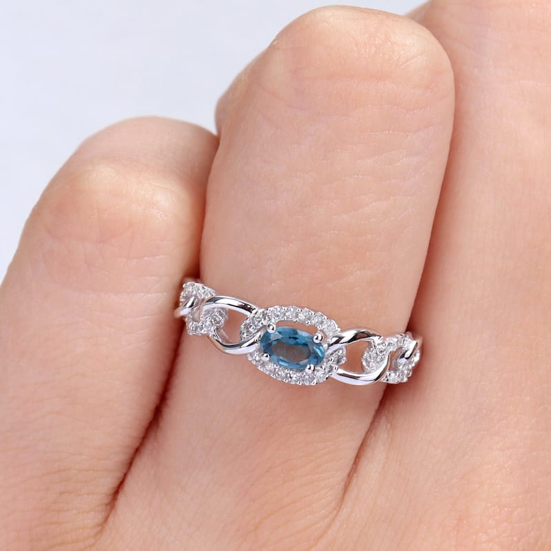 Miadora 10k White Gold London Blue Topaz and 1/8ct TDW Diamond Stackable Link Ring