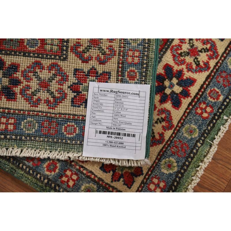 Light Green Kazak Foyer Rug Hand-Knotted Wool Carpet - 2'8"x 3'11"
