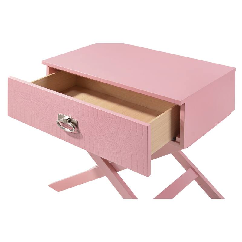 1-Drawer Pink Nightstand with Croc-Textured Drawer and X-Frame Design, 25 Inch Modern Bedside Table