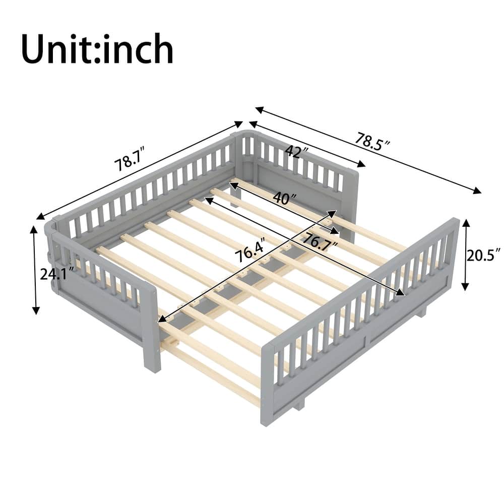 Twin XL/Twin Size Platform Bed with Guardrails, Converts to Queen Size Solid Wood Frame