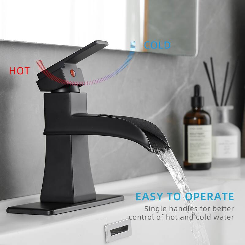 Modern Single Handle Waterfall Bathroom Sink Faucet with Pop Up Drain and Supply Line, Corrosion and Rust Resistant