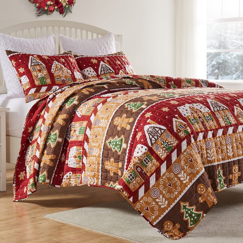 Greenland Home Gingerbread Lane Whimsical Novelty Holiday Quilt Set