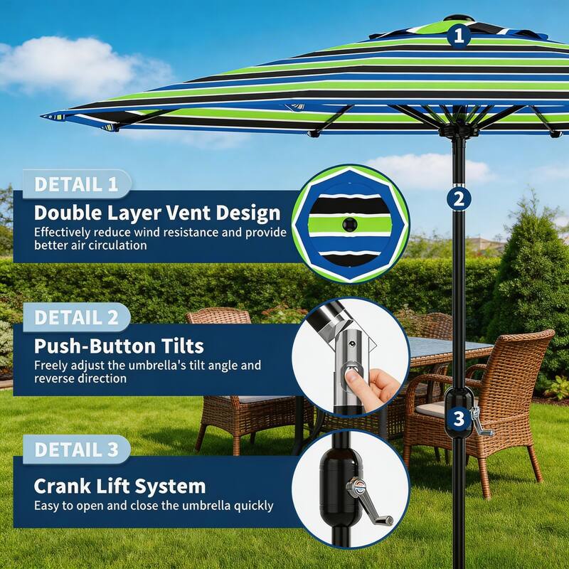 9 ft Patio Umbrella, with Crank Lift & Push Button Tilt, 8 Sturdy Ribs