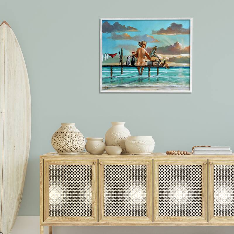 Stupell Woman & Cats Beach Sunset Framed Giclee Art Design By Ronald West