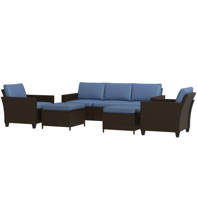 5PC PE Rattan Patio Set, Armchairs, Footstools, Cushions