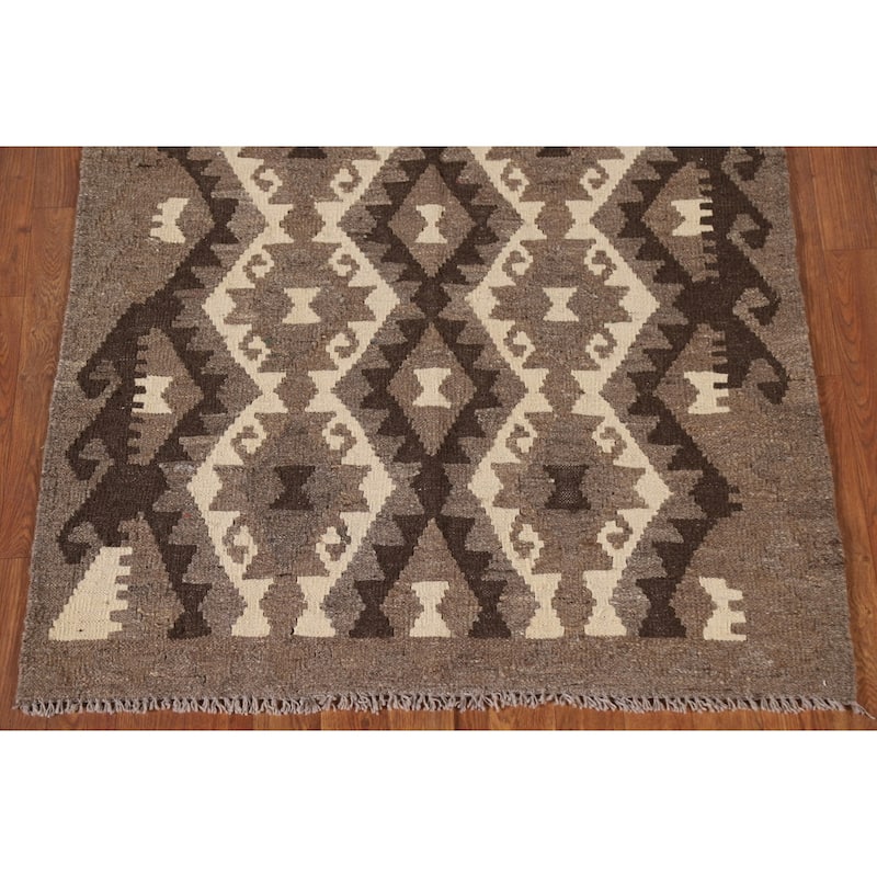 Brown Kilim Accent Rug Flatweave Geometric Wool Carpet - 3'5"x 4'5"