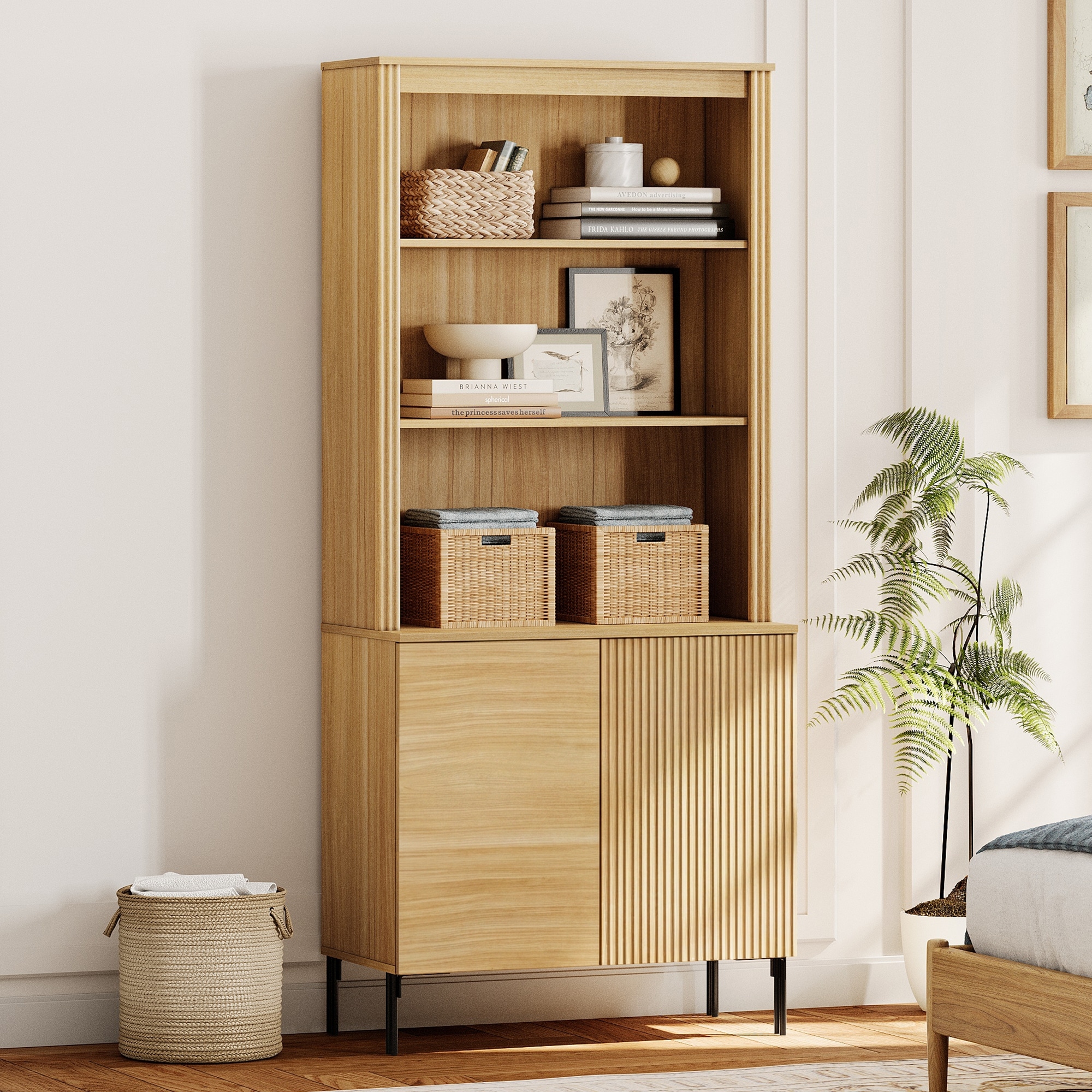 71.6" Tall Modern 5 Tier Bookcase with Storage Cabinet, Wooden Display Cabinet with Fluted Doors