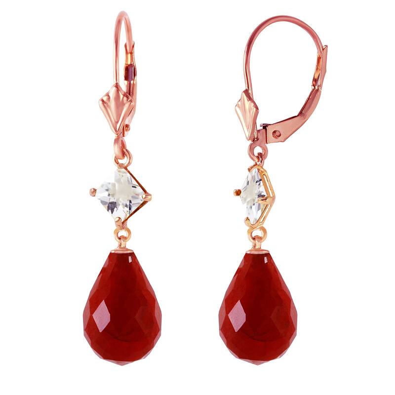 14K Solid Gold Leverback Gemstone Earrings w/ Rose Topaz & Rubies - Rose