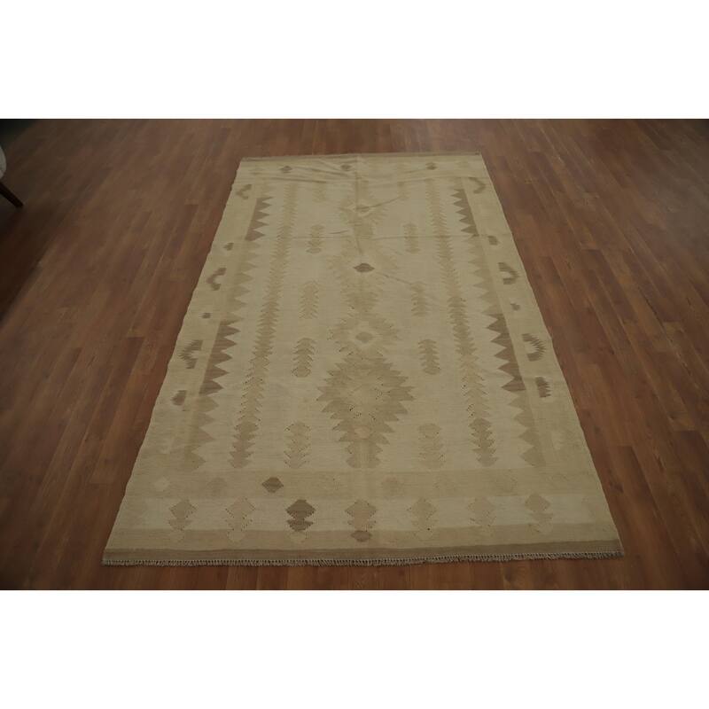 Hand Woven Oriental 100% Wool Carpet Southwestern Tribal Beige & Ivories Kilim Area Rug - 7' 10'' X 4' 9''