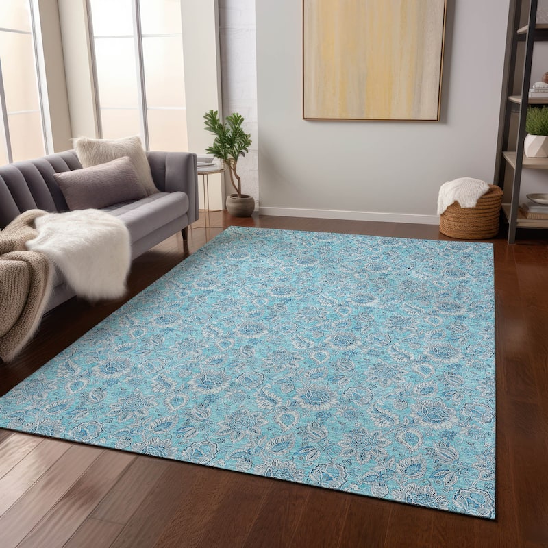 Machine Washable Indoor/ Outdoor Chantille Floral Farmhouse Rug - Aqua - 2'6" x 3'10"