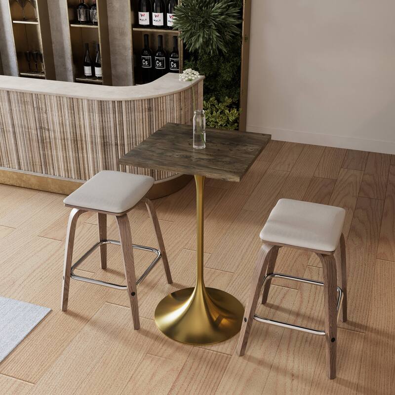 Verve 43 in. Tall Bar Height Dining Table Square MDF Wood Tabletop in Gold Stainless Steel Pedestal Base Accent Bar Table