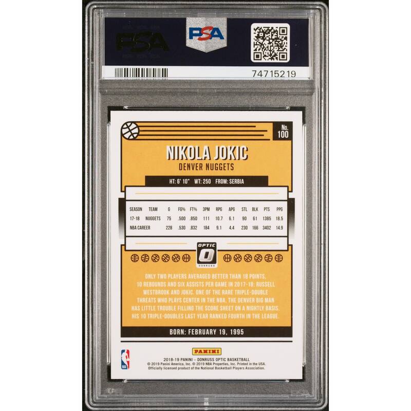 Nikola Jokic 2018 Panini Donruss Optic Basketball Card #100 Graded PSA 9 - 8'6" x 11'6"