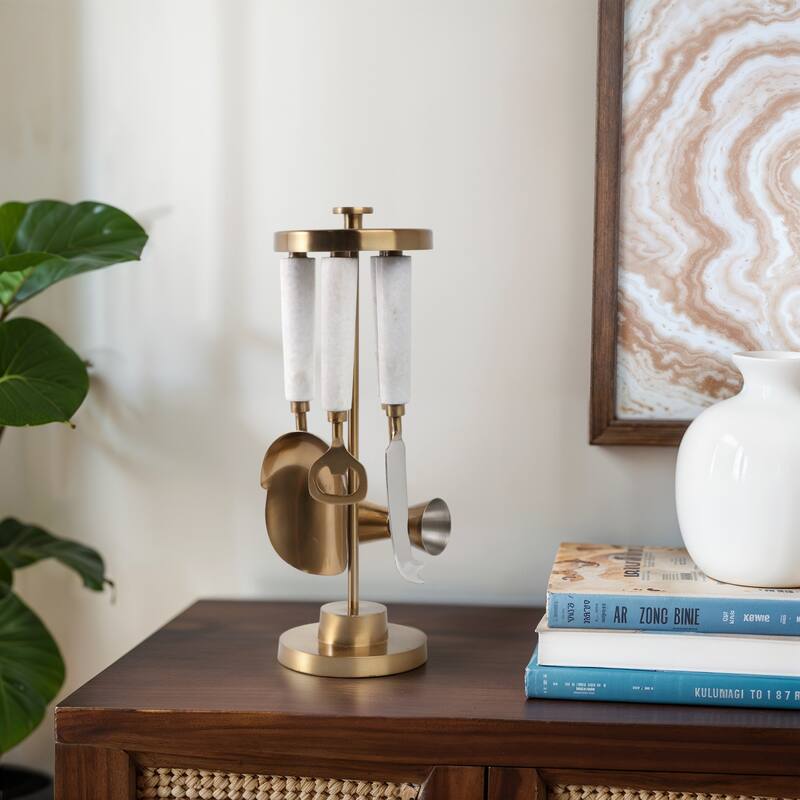 Metal Stone Utensil Display Decorative Sleek Stand Modern Accent - 4" x 4" x 13" - Gold/ Metallic