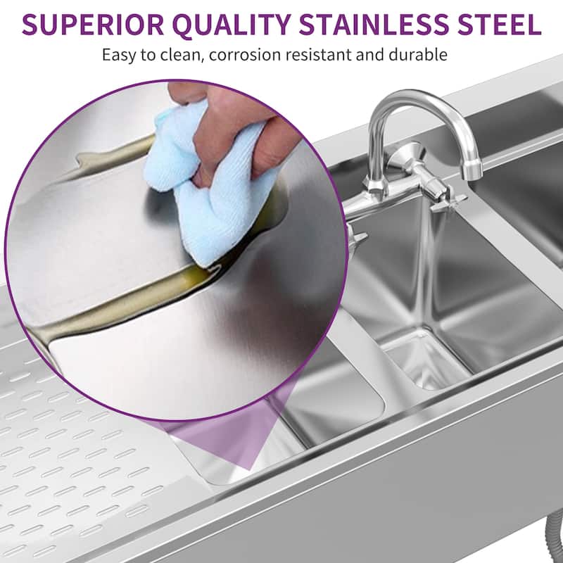 60" W x 16" D x 32" H Kitchen Sink 3 Compartment Stainless Steel Sink with Double Drainboard Commercial Freestanding Sink