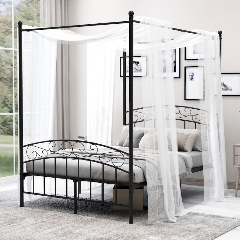 Alazyhome Traditional Metal 4-post Canopy Bed Frame - Black - Full