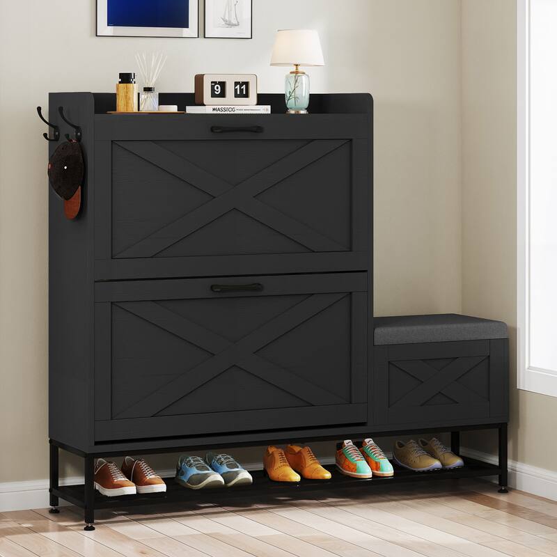 Moasis Farmhouse Shoe Storage Cabinet with 2 Flip Drawers for 16 Pairs Entryway Shoe Storage with Shoe Bench