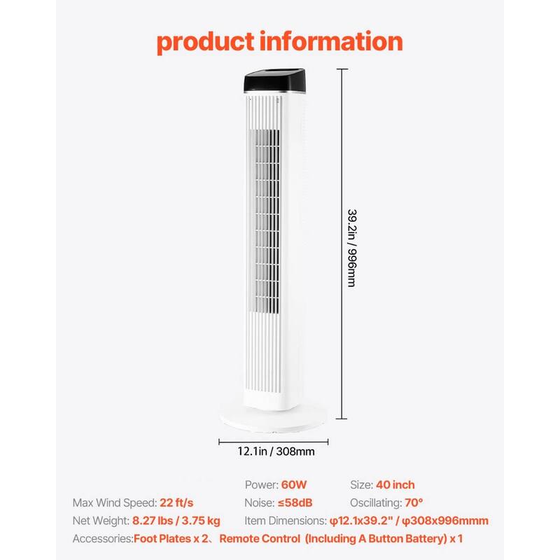 40" Tower Fan with Oscillation 3 Speeds Remote Control and Quiet Operation for Bedroom and Living Room - 12.1 x 39.2 inch