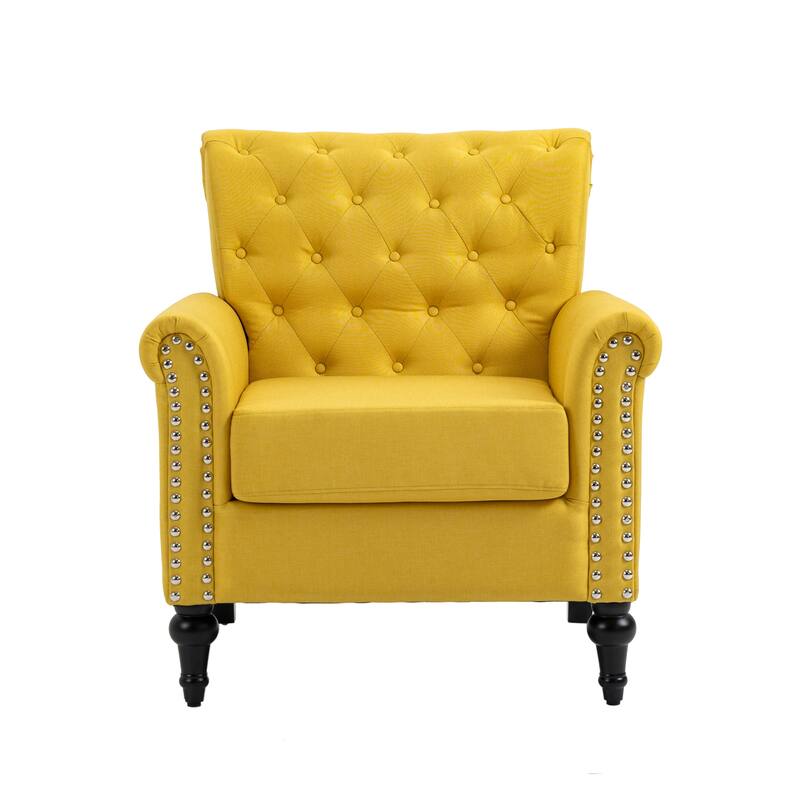 Linen Armchair w/Tufted Back/Wood Legs