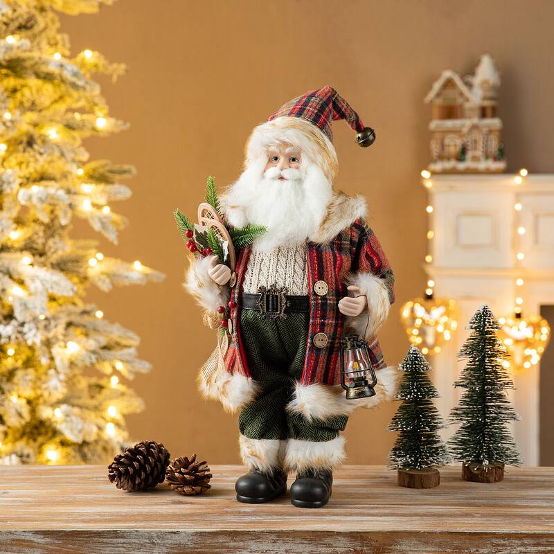 Glitzhome 18"H Faux Fur Christmas Santa Figurines with Porcelain Face - Plaid Woodland Santa