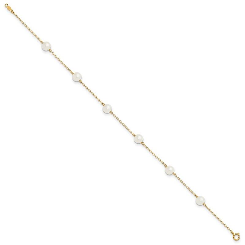 Curata 14k Yellow Gold 9" 6-7mm White Freshwater Cultured Pearl 6 station Anklet (Spring-ring)