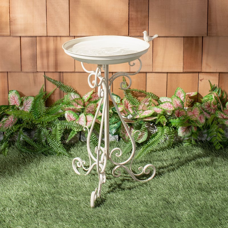 SAFAVIEH Outdoor Amya Victorian Scroll Iron Bird Bath - 16.5" W x 14.6" L x 29.1" H - 17"W x 15"D x 29"H - Off-White