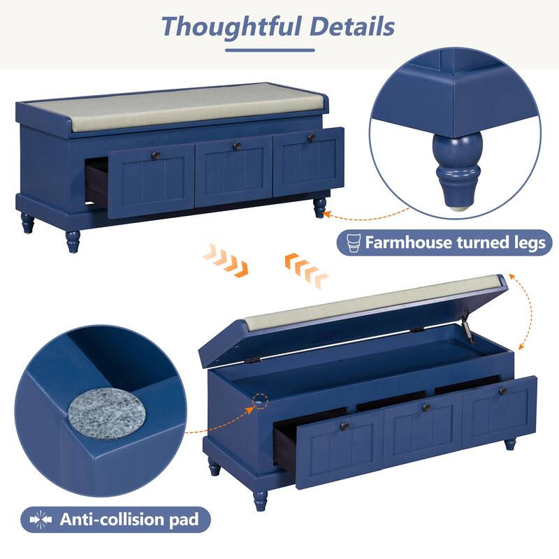 Fluted Storage Bench with 3 Drawers & Hidden Compartments