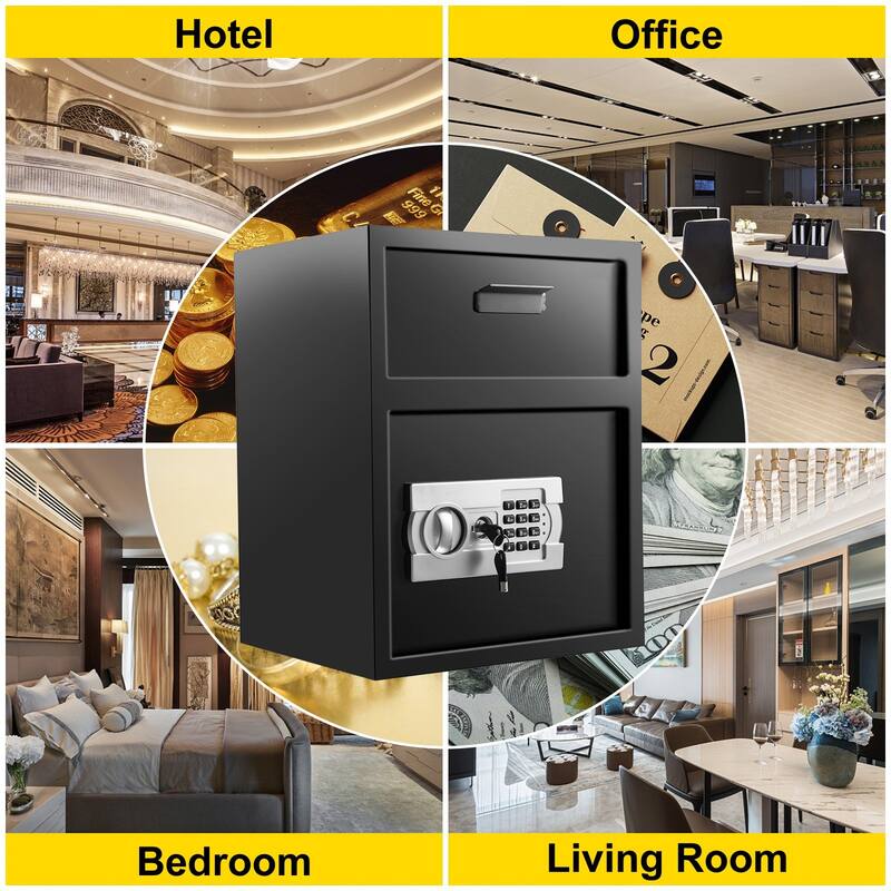 Black Steel Digital Depository Safe Box with Lock, 3 Shelves, Alarm and LED Light