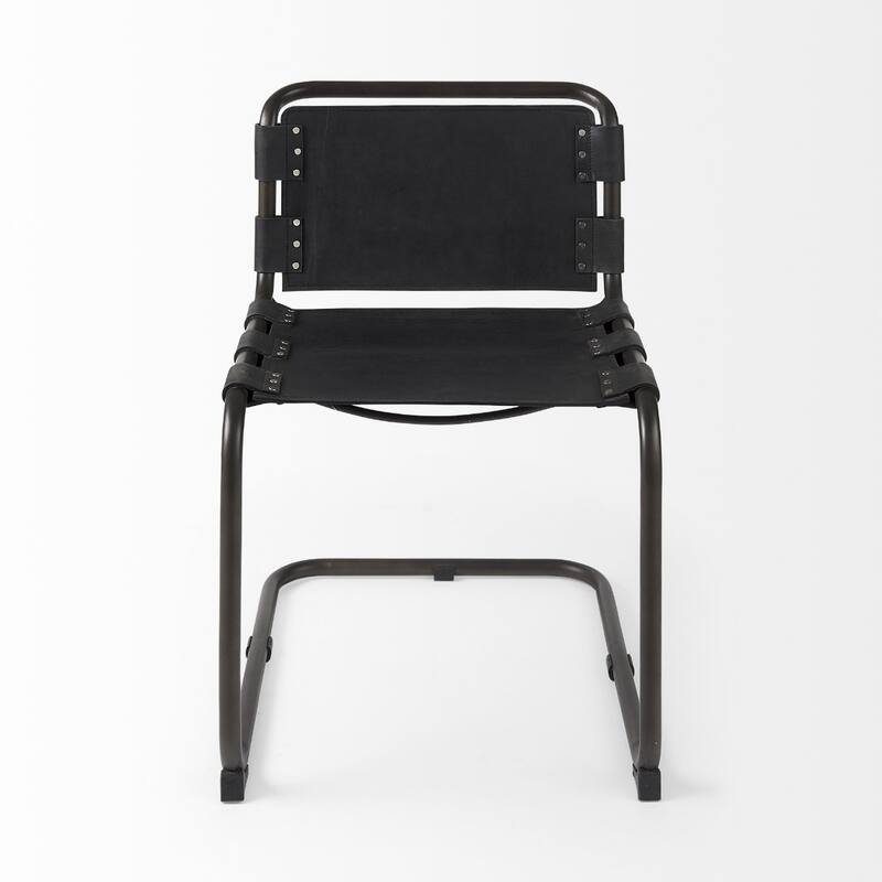 Contemporary Faux Leather Dining Side Chair with Open Back and Black Metal Legs Nailhead Trim - 31”H x 25”W x 21”D