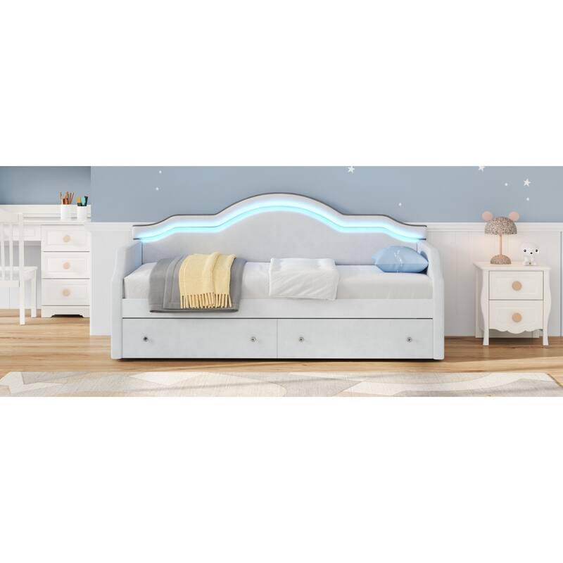 Roomfitters Twin Size Upholstered Daybed with LED Light Strip and Underbed Storage Drawers, Wave Shape Padded Frame, White
