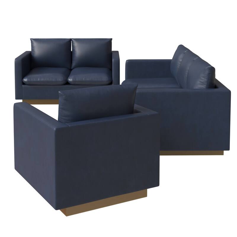 3-Piece Executive Leather Sofa Set with Brushed Gold Stainless Steel Base