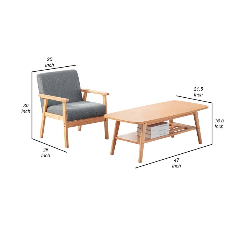 Gala Modern Coffee Table and Chair Set, Bottom Shelf, Padded Seat, Gray