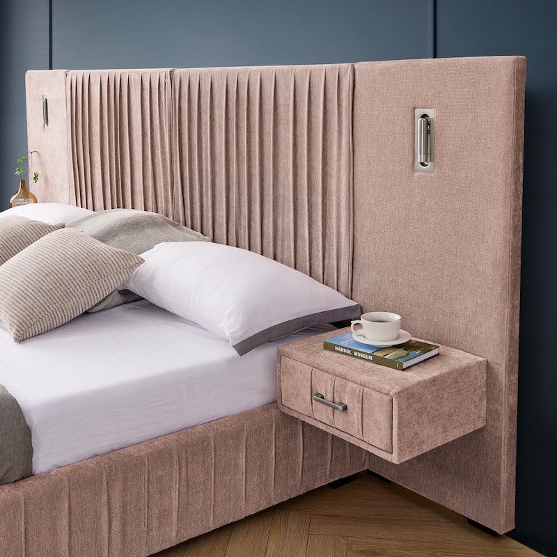 Pleating Upholstered Bed Platform Bed Frame with Enlarged Widened Headboard and Integrated Bedside Table Adjustable Bedside Lamp