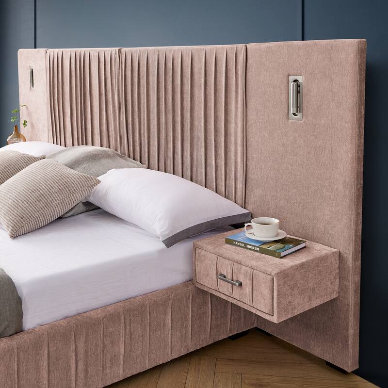 Roomfitters King Upholstered Chenille Platform Bed with Pleated Headboard and Built-In Bedside Tables, Solid Frame