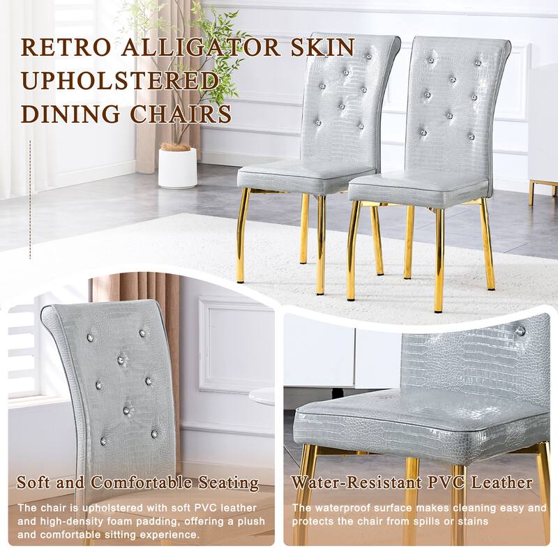 A set of 4 white and black vintage crocodile leather cushioned dining chairs, featuring crystal clasp design and leather