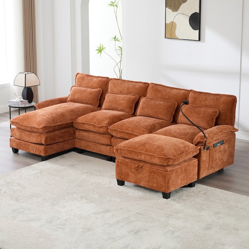 106.69" Modular U-shaped Sectional Sofa with Chaise Lounge and Ottoman, Pillows - Orange