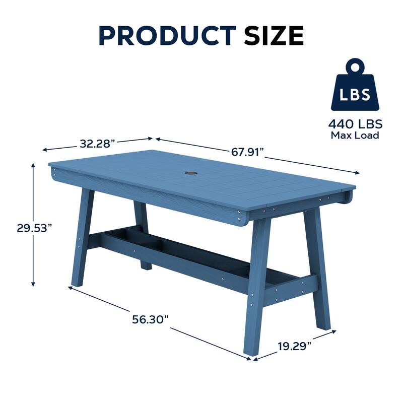 67.91in HDPE Rectangular Patio Dining Table with Umbrella Hole for 4 to 6 People - N/A