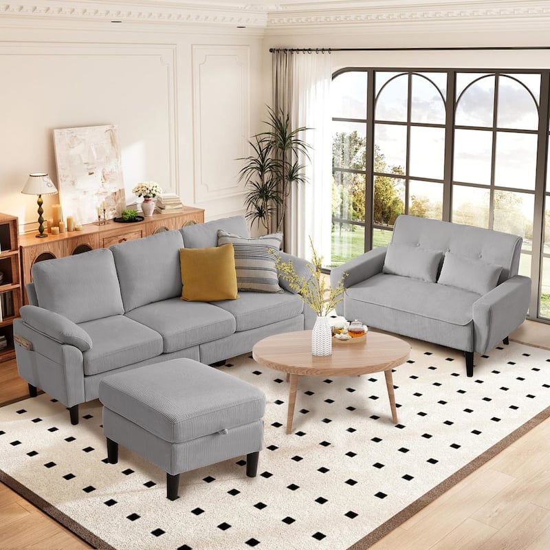 3-Piece Living Room Sectional Sofa Set with Loveseat and Ottoman