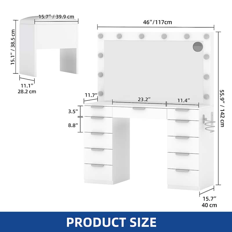 Moasis White 10-Drawer Cosmetic Vanity Desk Set with Glass Tabletop Makeup Vanity with LED Strip