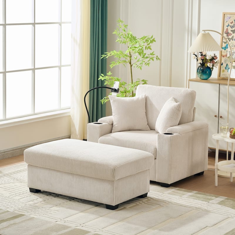 55" Oversized Chaise Lounge Chair Indoor With Ottoman And Storage,With Cup Holder,Mobile Phone Stand&Usb Charging Port - Beige