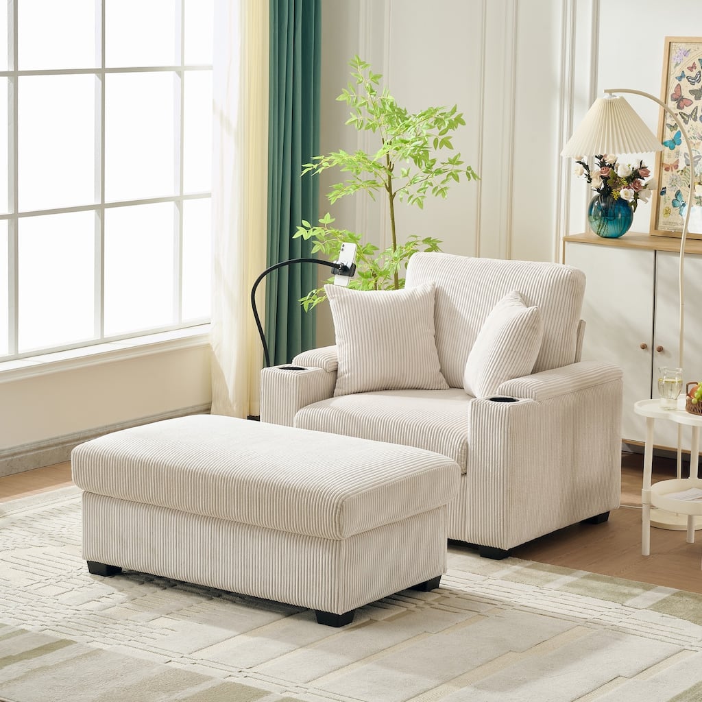 Roomfitters Modern Upholstered Chaise Lounge with Ottoman, Comfy Oversized Armchair with Cup Holders & Phone Mount