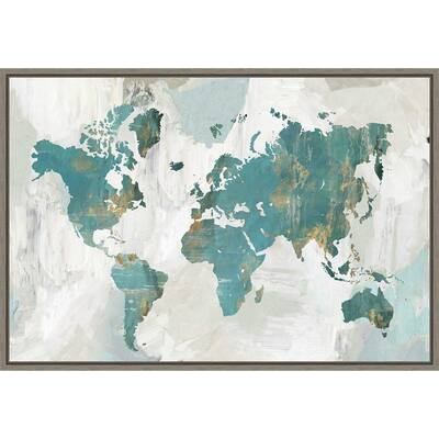 Teal World Map by Pamela Collabera Framed Canvas Art