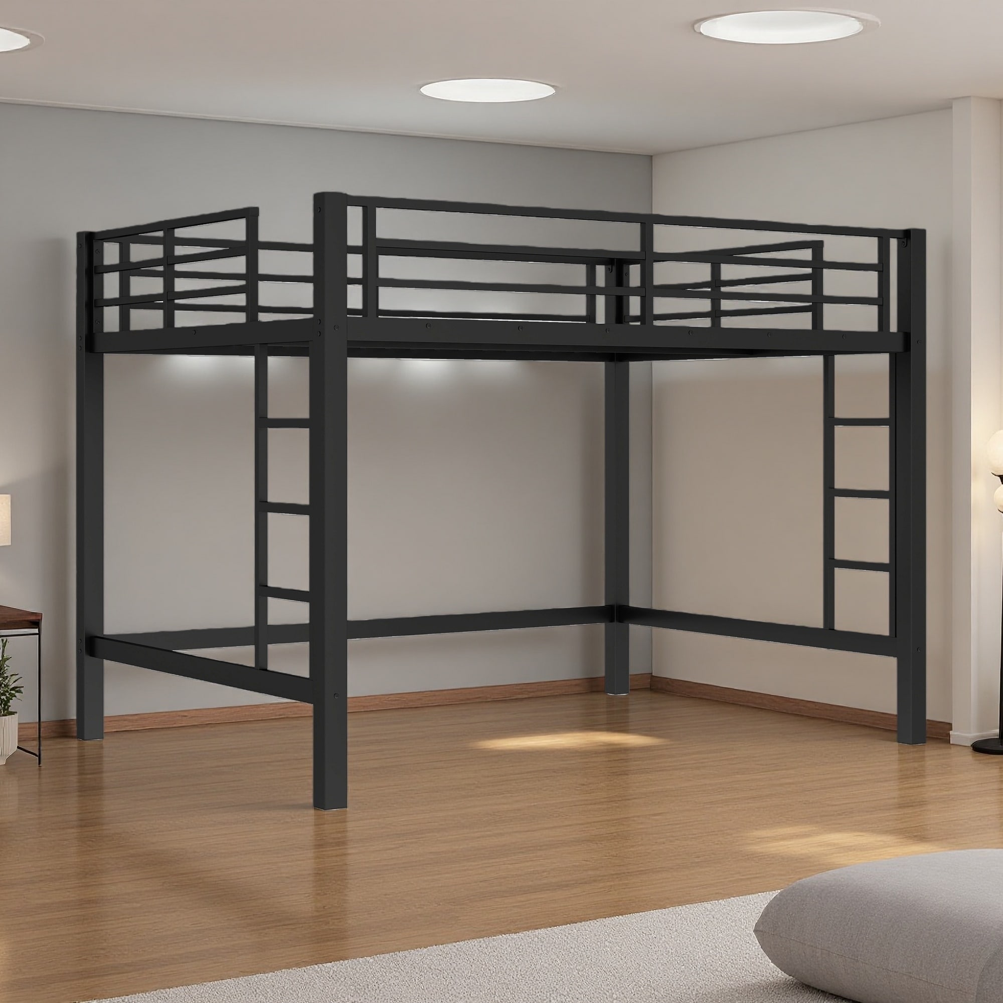 Queen Metal Loft Bed with Dual Side Ladders & Guardrails